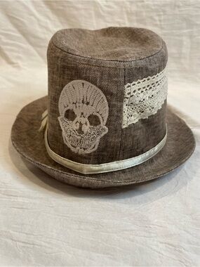 Peter Grimm Two Elbows Brown Linen Blend Lace Skull Fedora Hat Size OS